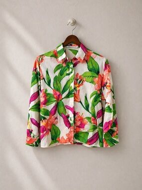 Zara Tropical Floral Button Down Blouse XS Pink Green Resort Shirt